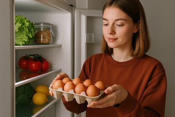 Woman taking fresh eggs from fridge in kitchen, healthy food choice, young adult preparing ingredients for meal