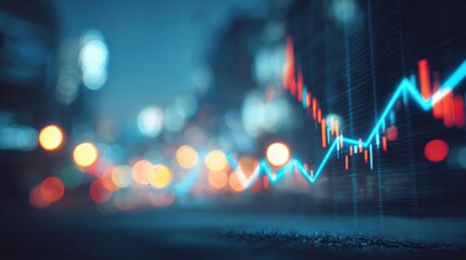 A close-up view of a financial graph with glowing lines against a blurred city background demonstrating trends.