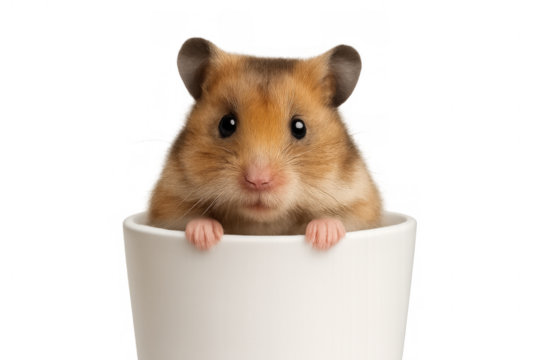 Hamster peeking from a white cup with paws on the rim looking forward, cute pet animal cutout