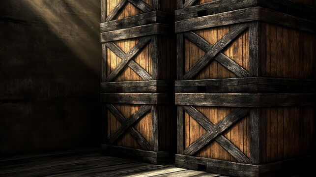 Dark Weathered Wooden Crates Stacked Against a Wall