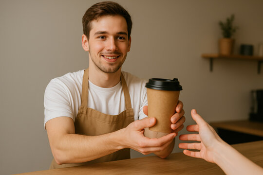 Friendly barista in apron handing takeaway coffee cup to customer in modern cafe, smiling service worker with pleasant attitude - Powered by Adobe