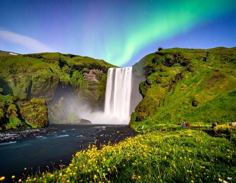 A majestic waterfall cascades over a rocky cliff amidst lush green hills. The night sky is illuminated with the vibrant green of the Northern Lights