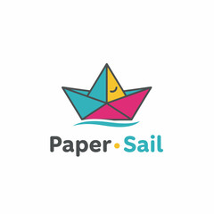Colorful origami boat with a smiling face and blue water waves. Text below two words joined with a dot