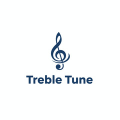 A musical logo features a treble clef icon above text in dark blue. Background is solid white