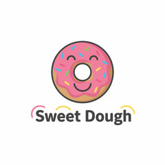 A smiling doughnut with pink frosting and sprinkles, a brown base, and a white background with text
