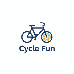 A stylized logo features a bicycle icon with a patterned wheel and text below