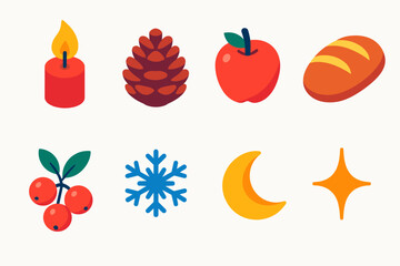 Vibrant Winter Icons. Winter Offering modern flat icon set: candle flame, pinecone, apple, bread, berries, snowflake, moon, sparkle.