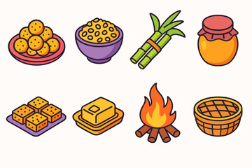 Lohri Celebration Icons. Lohri Food Celebration modern flat icon set: sweet platter, roasted grains, sugarcane bundle, honey jar, sesame treats, butter dish, bonfire glow, bamboo