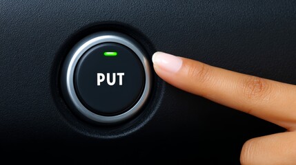 Person activating vehicle system hand pressing illuminated button on car dashboard interior control panel.