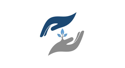 Two hands, one blue and one grey, cradling a small blue plant sprout, symbolizing care, growth, and environmental support.