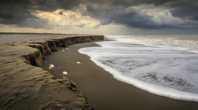 Eroded coastline with waves breaking on a sandy beach - Powered by Adobe