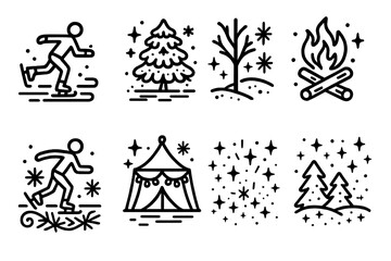 Frozen Lake Festival. Frozen Lake Festival outline icon set: people skating, frosted trees, icy patterns, glowing lights, bonfire, mug of cocoa, festival tent, sparkling snow.