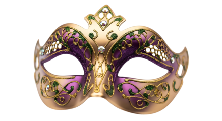 Closeup of a beautiful venetian carnival mask with gold and purple details isolated on transparent background traditional symbol of venice