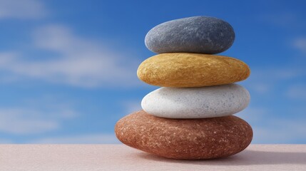 Delicately balanced stone cairn stacked creation exhibiting stability and serenity on coastal shoreline.