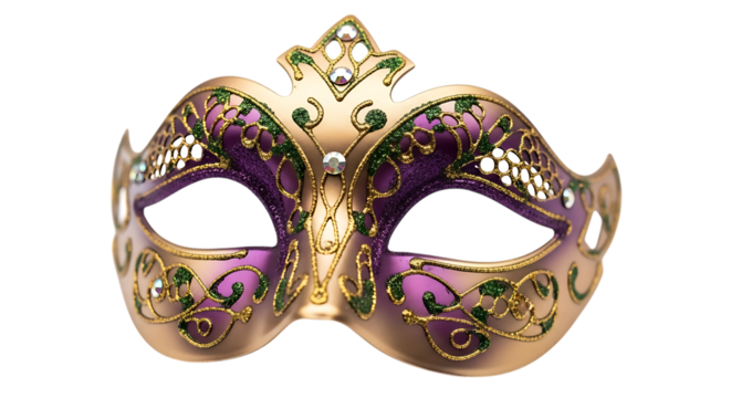 Closeup of a beautiful venetian carnival mask with gold and purple details isolated on transparent background traditional symbol of venice