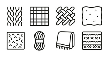 Winter Fabric Textures. Winter Fabric Weaves outline icon set: cable knit texture, tartan weave, woolen threads, fleece fabric, tweed cloth, yarn bundle, cozy blanket, winter