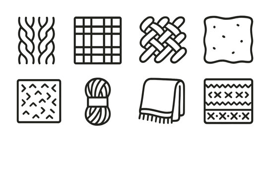 Winter Fabric Textures. Winter Fabric Weaves outline icon set: cable knit texture, tartan weave, woolen threads, fleece fabric, tweed cloth, yarn bundle, cozy blanket, winter