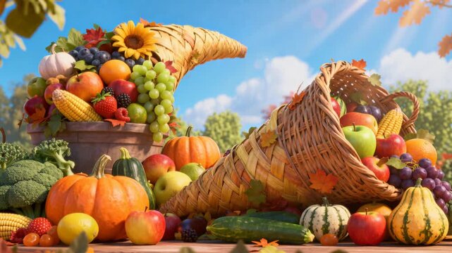 seamless loop animation detailed 3d cornucopia overflowing with colorful seasonal fruits vegetables gourds high saturation festive holiday display perfect for thanksgiving autumn or harvest broadcast
