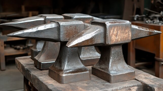Heavy Iron Anvils Stacked Displaying Signs of Repeated Use