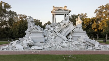 Obraz premium Demolished Monument with Statues in a Public Park Setting