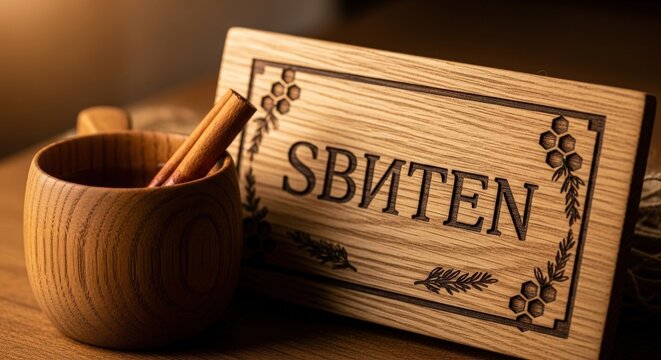 Wooden Cup of Sbiten with Cinnamon Stick &ndash; Traditional Belarusian Honey Drink with Oak Wood 'SBITEN' Sign, Honeycomb & Herb Sprig Motifs, Healing Aromatic Lighting