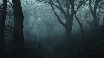 Dark misty forest scene with trees and eerie atmosphere