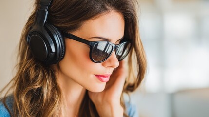Captivating portrait of woman immersed in digital world listening to music with headphones and browsing smartphone content.