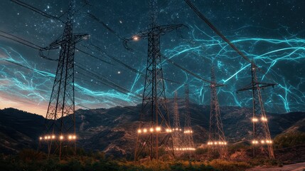 Energy transmission towers against a starry night sky
