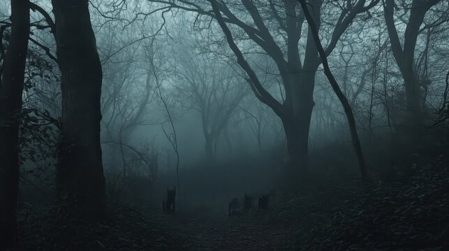 Dark misty forest scene with trees and eerie atmosphere