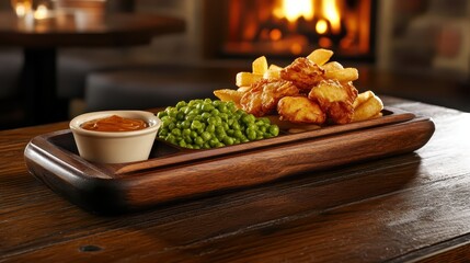 Fish and chips with peas and sauce on a wooden serving tray