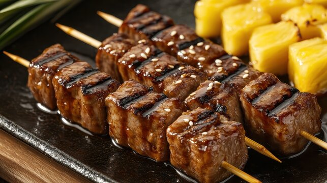 Grilled meat skewers drizzled with teriyaki sauce close up
