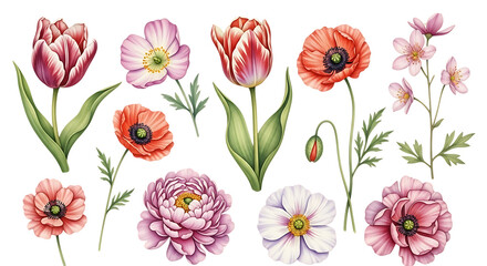 Watercolor botanical illustration of diverse garden flowers set