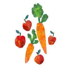 コラージュ風に描いた鮮やかなニンジンとリンゴのイラストセット