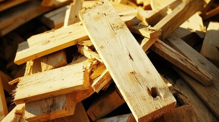 Pile of splintered wooden planks with visible wood grain