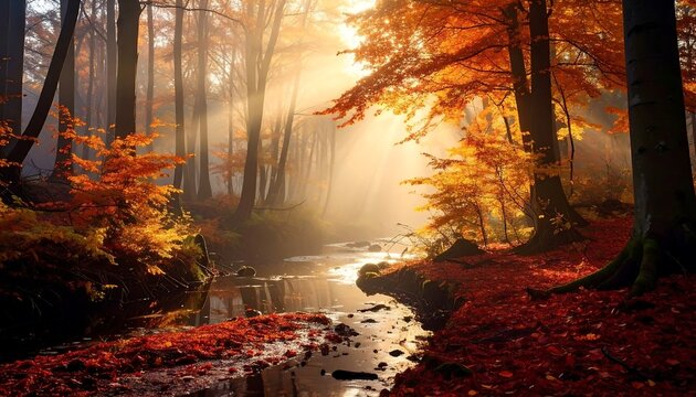 A serene autumnal forest scene with a winding stream bathed in sunlight. Vivid orange and red foliage creates a picturesque landscape - Powered by Adobe