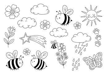 Cute hand drawn nature elements collection, isolated icon set
