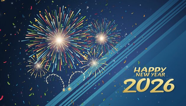 Happy New Year 2026 celebration with colorful fireworks and festive confetti