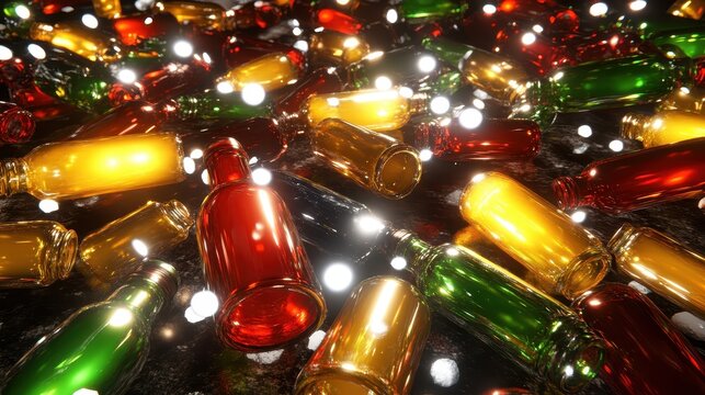 Shattered colorful glass bottles with sparkling reflections