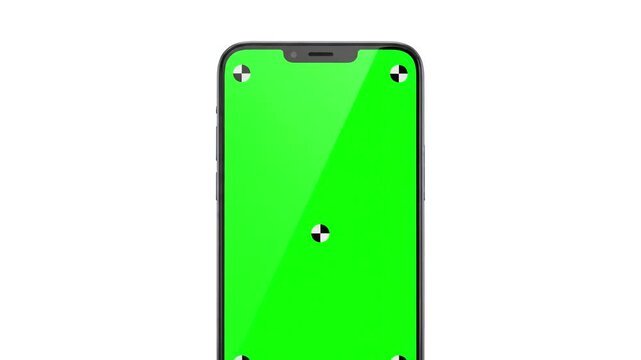 Green Screen 3d smartphone with blank isolated on white background zoom out and in mobile phone mockup chroma key display tracking points vertical orientation portrait mode scene 1 distortion