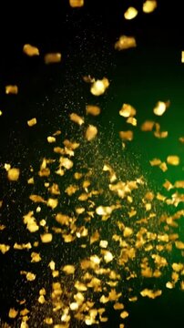 Celebratory Overlay Effect with double burst of confetti gold festive explosions fall on a black and green background alpha animation slow motion distortion, screen overlay, glitch, static noise, scan