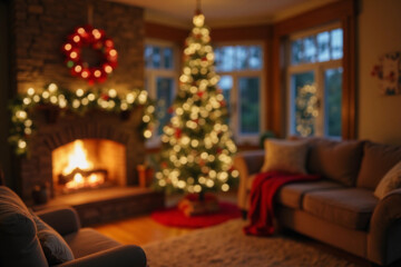 Defocused Background of Cozy living room with a glowing fireplace and festive Christmas tree decorated for a warm holiday atmosphere. Blurred Background. 3d rendering.