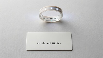 Elegant ring on soft surface showcasing light features with a card highlighting duality in visibility and obscurity