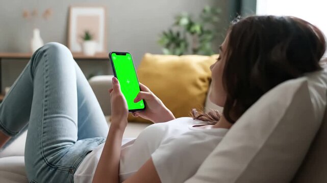 Green Screen woman at home lying on a sofa and using smartphone with mock up in vertical mode girl browsing internet watching content videos blogs pov scene 1 distortion, overlay, glitch, static
