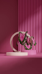 blank mockup pink color curved cylinder in portrait textured wall, 3d rendering