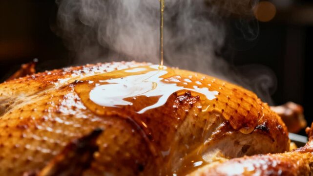 extreme slow motion macro close up melted butter basting sauce brushed onto crispy skin of roasting turkey steam gently rising perfect for thanksgiving autumn or culinary footage