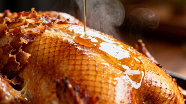 extreme slow motion macro close up melted butter basting sauce brushed onto crispy skin of roasting turkey steam gently rising perfect for thanksgiving autumn or culinary footage
