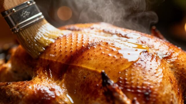 extreme slow motion macro close up melted butter basting sauce brushed onto crispy skin of roasting turkey steam gently rising perfect for thanksgiving autumn or culinary footage