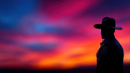 Silhouette of a person wearing a cowboy hat against a vibrant, colorful sunset sky blending shades of purple, pink, orange, and red.