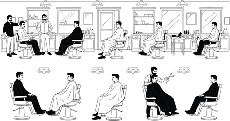 Barbershop illustration, haircut sequence, black and white, grooming process, barber tools, customer interaction, interior scene, personal care, service