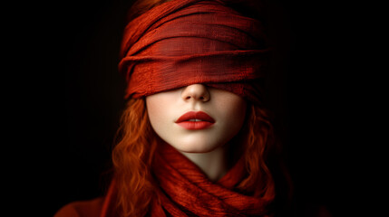 Portrait Shot of a Red-head Model with Red Lipstick and a Linen Wrap Fabric Covering Her Head and Eyes